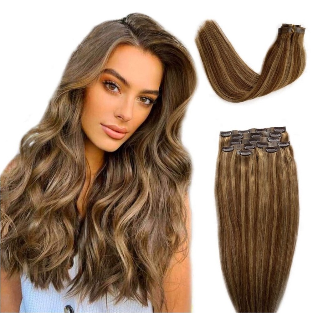 Clip in Hair Extensions Ash Brown to Ash Blonde Highlights Human Hair Invisible